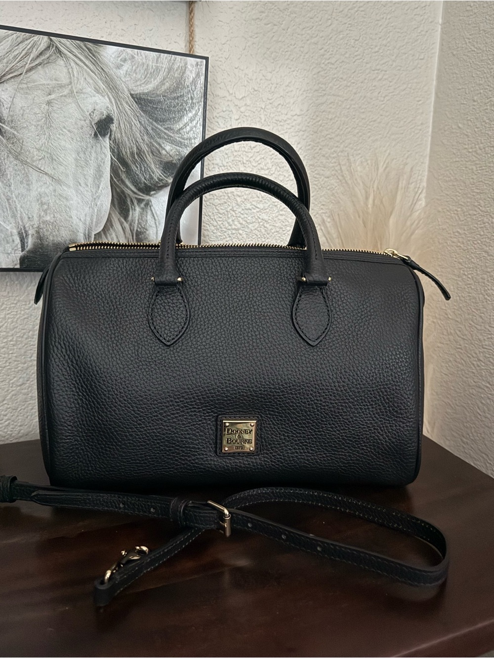 Dooney & Bourke Black Pebbled Leather Bowling Bag with Gold Hardware